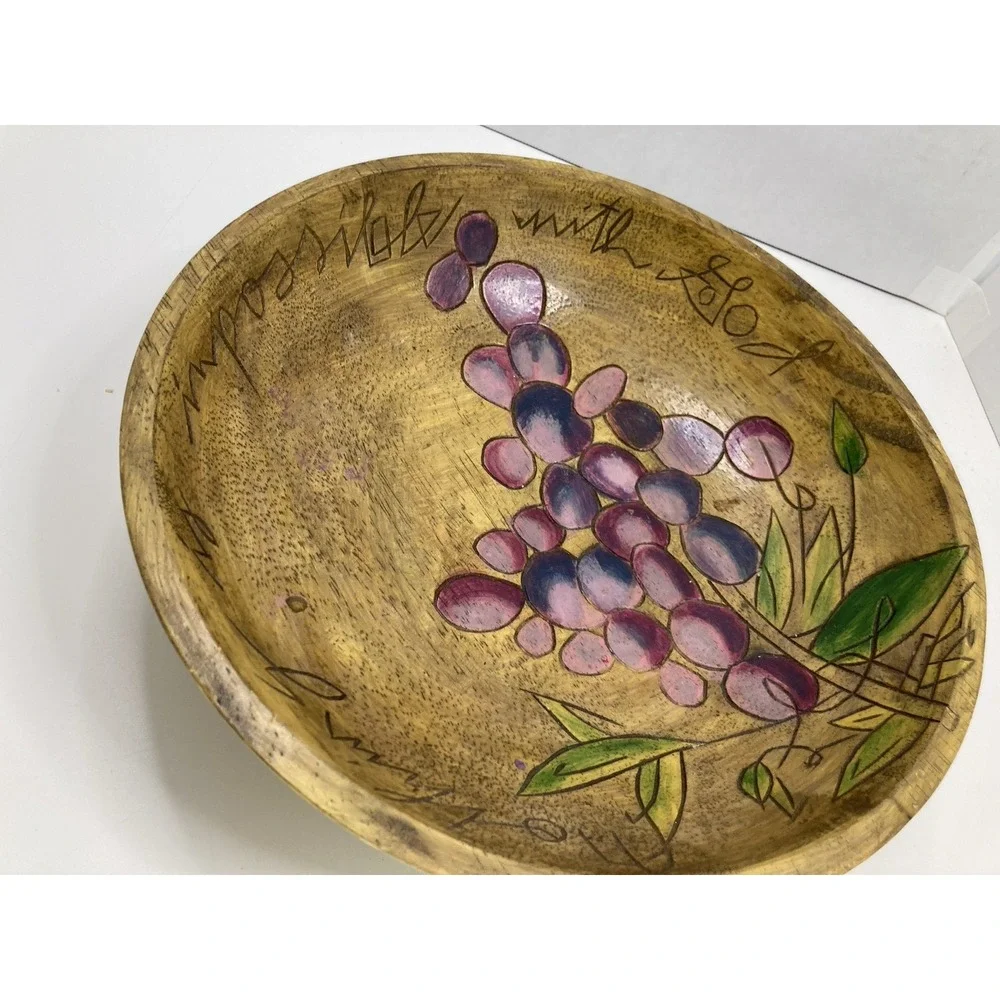 Vtg Hand Painted Wooden Fruit/Salad Bowl‎ Bible Verse Christain Grapes 10.5